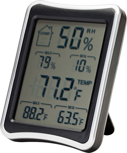 SNAPSAFE HYGROMETERHygrometer Displays current temperature and humidity and recent extremes in Fahrenheit or Celsius - Large LCD display - Fold-out stand for storage on shelf or floor - Powered by two AAA batteries (not included)loor - Powered by two AAA batteries (not included)