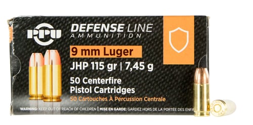 PPU PPD91 Defense  9mm Luger 115 gr Jacket Hollow Point 50 Per Box/ 20 Case