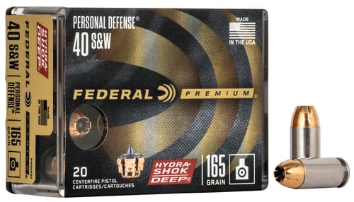 Federal P40HSD1 Premium Personal Defense 40 S&W 165 gr Hydra Shok Deep Hollow Point 20 Per Box/ 10 Case