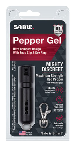 Sabre MDBK02 Mighty Discreet Pepper Spray Capsaicin UV Dye Effective Distance 12 ft .20 oz Black Includes Key Ring Includes Snap Clip