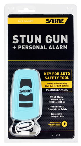 TEAL STUN GUN PLUS 115DB ALARMSABRE 3-in-1 Stun Gun Safety Tool Teal - 70-lumen LED flashlight - 115 dB alarm- Audible up to roughly 500 feet away