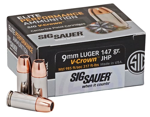 Sig Sauer E9MMA350 Elite Performance  9mm Luger 147 gr V Crown Jacketed Hollow Point 50 Per Box/ 10 Case