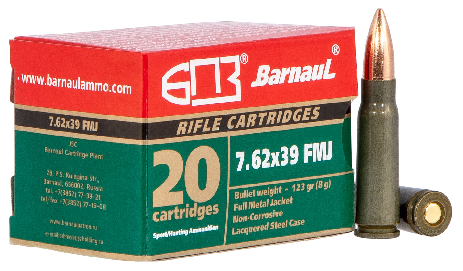 Barnaul Ammo BRN762X39FMJ123 Target  7.62x39mm 123 gr 2543 fps Full Metal Jacket (FMJ) 20 Bx/25 Cs