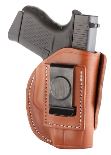 4 WAY HLSTR CLASSIC GLK 42/43 BRN RH SZ24-Way Concealment and Belt Leather IWB and OWB Holster Classic Brown - Right Hand - Glock 42/43, Keltec 380, Ruger LCP, Sig P365, SW Bodyguard, Most .380s - Four versatile carry options - Multi-fit options - Leather belt panel - Steel clipr versatile carry options - Multi-fit options - Leather belt panel - Steel clip