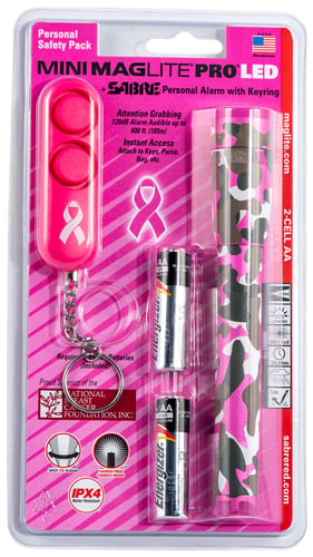 Maglite SP2PUF6 Mini Pro w/Sabre Personal Alarm Pink Camo Aluminum White LED 332 Lumens 172 Meters Range