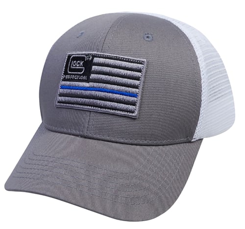 Glock AS10071 Blue Line  Flag Mesh Snapback Hat Gray/White w/Thin Blue Line Flag Woven Patch
