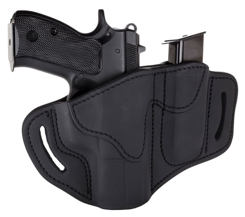 BH2/MAG1 GLK17/19 CMB BLT HLS SBL RH 1SZOpen Top Multi-Fit Belt Holster and Built-In Mag Pouch Black Leather - Right Hand - Glock 19/23/25, H&K 40c, Rug SR9, S&W MP9, MP40, Wal P99 - Multi-fit options - Detailed exteriors - Reinforced - Double stitched - Handcrafted - Steerhide- Detailed exteriors - Reinforced - Double stitched - Handcrafted - Steerhide