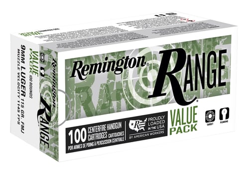 Remington T9MM3B Range Pistol Ammo 9mm, FMJ, 115 Gr, 100 Rnd Pack