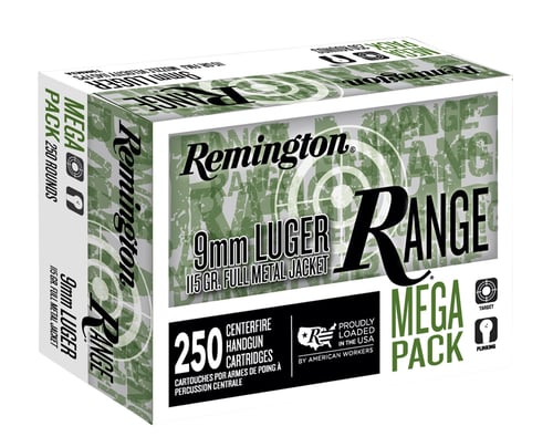 Remington T9MM3A Range Pistol Ammo 9mm, FMJ, 115 Gr, 250 Rnd Pack