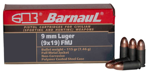 Barnaul Ammo BRN9MMLUGERFMJ115 Target  9mm Luger 115 gr Full Metal Jacket (FMJ) 500 Per Box