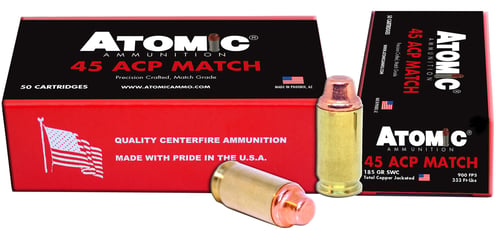 Atomic Ammunition 448 Match Precision Craft 45 ACP 185 gr Semi Wadcutter 50 Per Box/ 10 Case