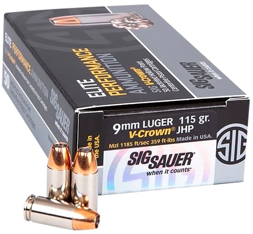 Sig Sauer E9MMA1COMP50 Match Elite Competition  9mm Luger 115 gr V Crown Jacketed Hollow Point 50 Per Box/ 20 Case