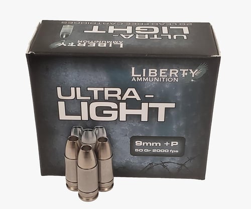 Liberty Ammunition LAUL9052 Ultra-Light  9mm Luger +P 50 gr Lead Free Fragmenting Hollow Point 20 Per Box/ 50 Case