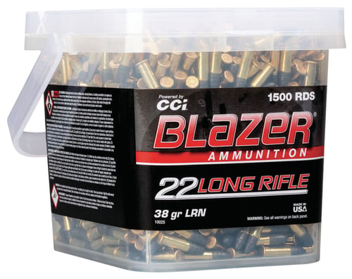 RIMFIRE 22LR 38GR HP 1500 BUCKETBlazer Rimfire 22 LR - HP - 1500/bucket 38 Gr - Lead round nose - 1235 muzzle velocity - 15000/cs - Target shooting - Ideal for everything from small game hunting to plinking - Functions well in semi-automatic firearmsng to plinking - Functions well in semi-automatic firearms