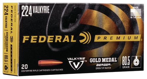 Federal GM224VLKBH2 Premium Gold Medal 224 Valkyrie 80.5 gr Berger Open Tip Match 20 Per Box/ 10 Case