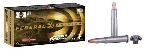 PREM 3030 WIN HAMMER DWN NKL 150GR 20/BXHammerDown Rifle 30-30 Win 150GR - 20/BX - 2390 Muzzle Velocity - Specifically engineered for lever guns - Functions flawlessly in side gate loading and tubular magazines - Modified chamfered case for easier feedingmagazines - Modified chamfered case for easier feeding