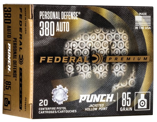 PREMIUM 380 AUTO PUNCH JHP 85GR 20/BXPersonal Defense Ammo 380 Auto - 85 Gr - JHP - 20/Box - Nickel-plated brass casewith primer seal - Muzzle Velocity: 1000