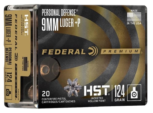 PREM 9MM LUG P HST JHP 124GR 20/BXPersonal Defense HST 9mm Luger +P 124GR - 20/BX - 1200 Muzzle Velocity - Specially designed hollow point expands reliably through a variety of barriers - Expanded diameter and weight retention produce the desired penetration for personal deed diameter and weight retention produce the desired penetration for personal defensefense