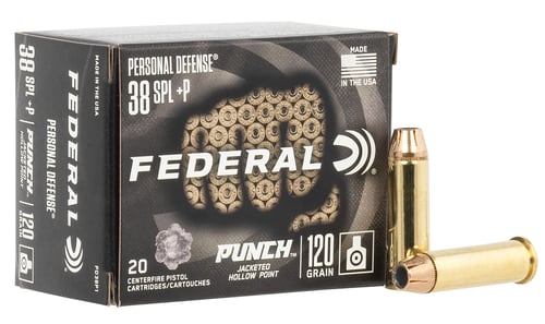 Federal PD38P1 Premium Personal Defense Punch 38 Special +P 120 gr Jacketed Hollow Point 20 Per Box/ 10 Case