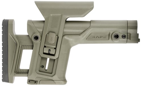 RAPID ADJUSTMENT PRECISION STK ODGRAPS - Rapid Adjustment Precision Stock OD Green - Integrated Cheek Rest & adjustable Length Of Pull (LOP) - Patent-pending 1Latch system, locks both LOP and Cheek Rest height with one lever - Can be configured for right or left-hand shooteeek Rest height with one lever - Can be configured for right or left-hand shootersrs