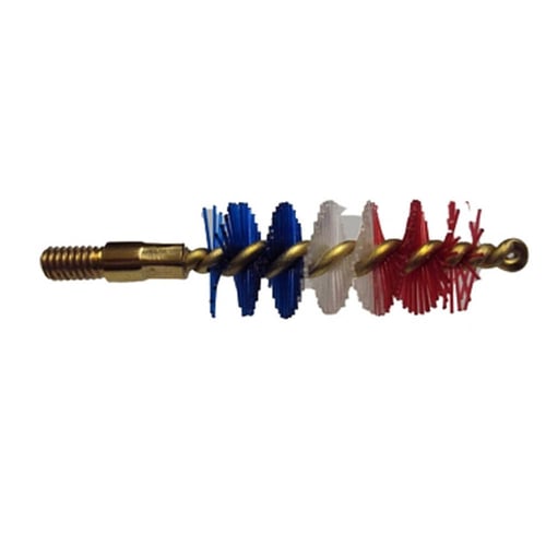 TAC SER PATRIOT BORE BRUSH .45 CALPatriot Series Pistol Brush - .45 Cal Stiff heavy duty red, white, and blue nylon bristles - Will not flatten like standard brass bristles brushes - Mfg with solid Brass Core & Coupling - Stiff Colored bristles resist ammonia and oil-basedlid Brass Core & Coupling - Stiff Colored bristles resist ammonia and oil-based cleanerscleaners