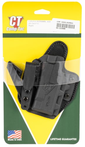 Comp-Tac C852GL297RBKN eV2 Max AIWB Black Kydex/Leather Belt Clip Fits Glock 26 Gen1-5 Right Hand