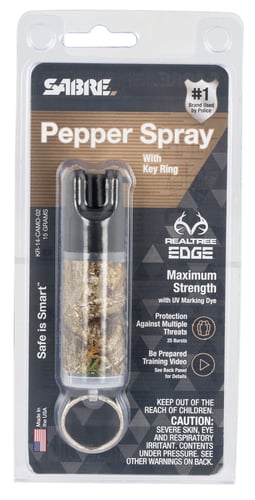 Sabre KR14CAMO02 Pepper Spray  OC Pepper UV Dye Effective Distance 10 ft 0.54 oz Realtree Edge Includes Key Ring