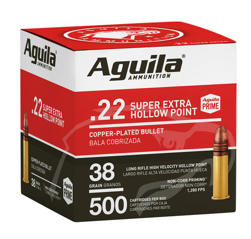 AMMO 22 LR HV HP 38 GR 500/BXAguila Super Extra .22 LR Ammunition - 500/bx .22 Long rifle - 38 Grain - Copperplated - Hollow point - 1280 Muzzle velocity - Brass casing - 500/bx