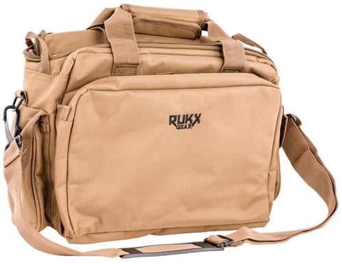 Rukx Gear ATICTRBT Tactical Range Bag  Water Resistant Tan 600D Polyester with Hidden Handgun Pocket, Mag & Ammo Storage, Non-Rust Zippers & Carry Handle 16