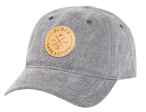 Glock AP95882 Safe Action Patch  Hat, Distressed Gray Denim, Relaxed Fit w/Adjustable Metal Back, Leather-Like Glock Patch