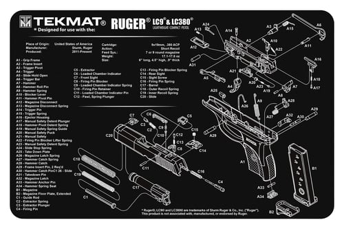 TekMat TEKR17RUGERLC9 Ruger LC9 Cleaning Mat Black/White Rubber 17
