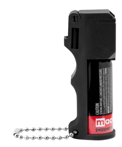PEPPER MACE POCKET W/KEYCHAIN 11GPepper Mace Pocket Approved in All 50 States - Easy aim feature - Compact designand fingergrip dispenser fits comfortably in woman's hand - 11 gram stream unit sprays 6-12 feet - Contains no UV Dye - Keychain - Contains 5, one second burstsprays 6-12 feet - Contains no UV Dye - Keychain - Contains 5, one second burstss