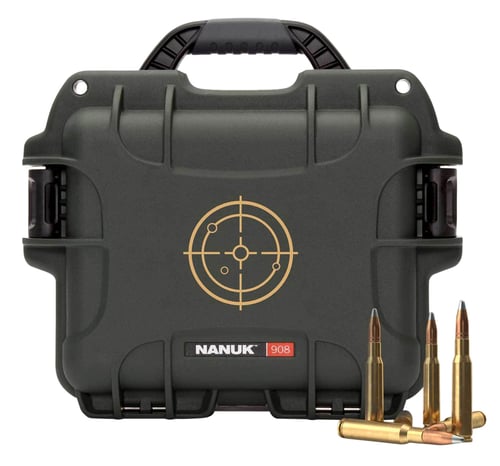 Nanuk 908-AMMO6 908 Ammo Case Waterproof Olive with White Target Logo Resin & Metal Eyelets Holds 600rds of 223 Rem