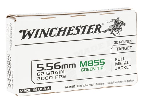 Winchester Ammo WM855K USA M855 Green Tip 5.56x45mm NATO 62 gr Full Metal Jacket Lead Core 20 Per Box/ 50 Case