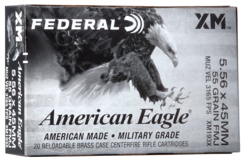 Federal XM193X American Eagle American Eagle 5.56x45mm NATO 55 gr Full Metal Jacket Boat-Tail (FMJBT) 20 Per Box/ 25 Cs