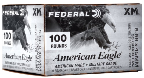 Federal XM193BLX American Eagle American Eagle 5.56x45mm NATO 55 gr Full Metal Jacket Boat-Tail (FMJBT) 100 Per Box/ 5 Cs