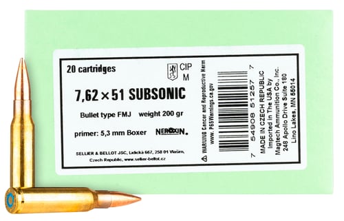 Sellier & Bellot SB762SUBB Rifle  308 Win 200 gr Full Metal Jacket Subsonic 20 Per Box/ 25 Case