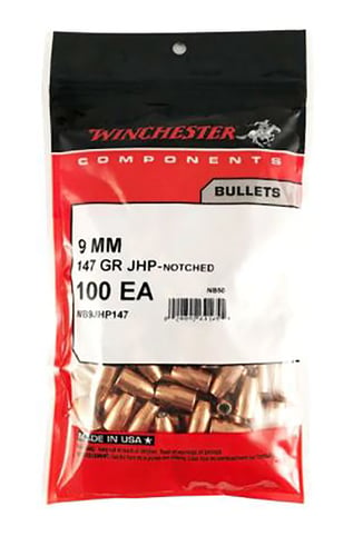 Winchester Ammo WB9JHP147D Centerfire Handgun Reloading 9mm .355 147 gr Jacket Hollow Point 500 Per Box/ 4 Case