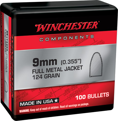 Winchester Ammo WB9MC124X Centerfire Handgun Reloading 9mm .355 124 gr Full Metal Jacket 100 Per Box/ 10 Case