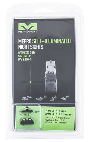 Meprolight USA 115173101 Mepro Tru-Dot Fixed Sights Self-Illuminated Green Tritium Front & Rear with Black Frame for HK USP Compact