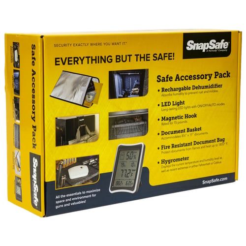 SNAPSAFE ACCESSORY PACKSafe Accessory Pack Rechargeable dehumidifier - Fire resistant document bag - Magnetic hook - Document basket - LED Light strip - Hygrometer