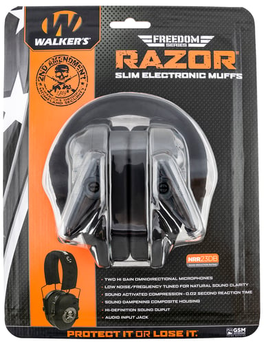 RAZOR FREEDOM SERIES 2ND AMENDMENTFreedom Series Muffs Black - NRR 23 dB - 2nd Amendment - Featuring Walkers New Line of the Freedom Series! This series has a Noise Reduction Rating (NRR) of 23 dB, and utilized sound activated compression (SAC) of 0.02 seconds. SAC is a spedB, and utilized sound activated compression (SAC) of 0.02 seconds. SAC is a special electronicial electroni