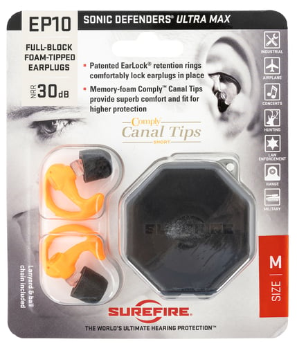 SureFire EP10ORMPR EP10 Sonic Defenders Ultra Max Polymer 30 dB Full Block Orange Medium Adult 1 Pair