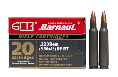 Barnaul Ammo BRN223REMHPBT55 Game  223 Rem 55 gr 3271 fps Hollow Point Boat-Tail (HPBT) 20 Bx/25 Cs