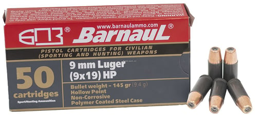 Barnaul Ammo BRN9MMLUGERHP145 Self Defense  9mm Luger 145 gr 1066 fps Hollow Point (HP) 50 Bx/10 Cs