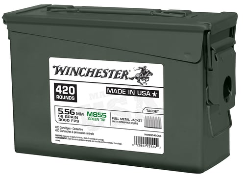 Winchester Ammo WM855420CS USA M855 Green Tip 5.56x45mm NATO 62 gr Full Metal Jacket 420 Per Box/ 2 Case Ammo Can