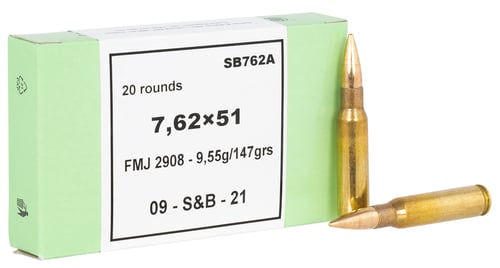 Sellier & Bellot SB76251 Rifle  7.62x51mm NATO 147 gr Full Metal Jacket 20 Per Box/ 30 Case