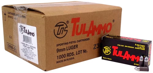 Tula Ammo TA919150 Pistol Ammo  9mm Luger 115 gr Full Metal Jacket (FMJ) 50 Bx/ 20 Cs 1000rds Total (Sold by Case)