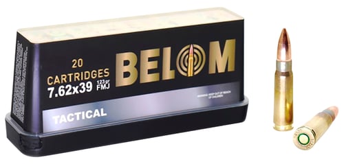 BELOM Ammo BELOM762 Tactical  7.62x39mm 123 gr, Full Metal Jacket (FMJ), 20 Per Box/ 24 Cs
