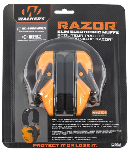 Walkers GWPRSEMBLZ Razor Slim Electronic Muff 23 dB Over the Head Blaze Orange/Black Polymer